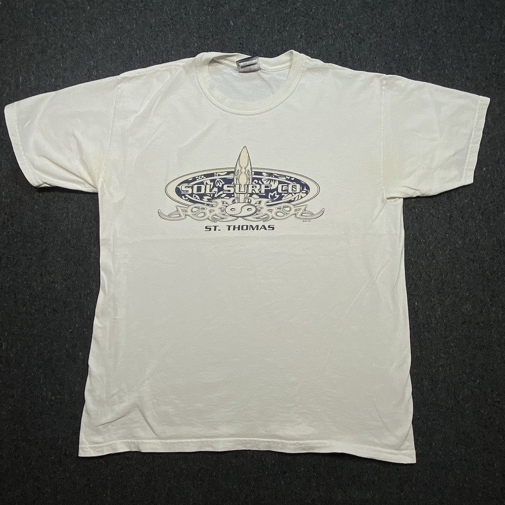 Del Sol Surf Co‎ Yin Yang ST. Thomas Graphic Crewneck White T-Shirt Sz XL Casual